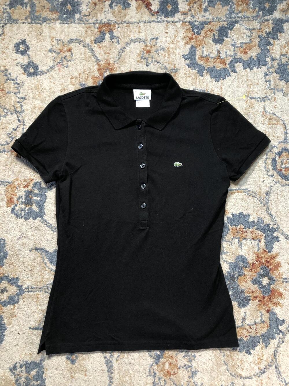 Lacoste Polo Shirt Womens 40 Black Slim Fit Short Sleeve Croc Logo Knit Casual